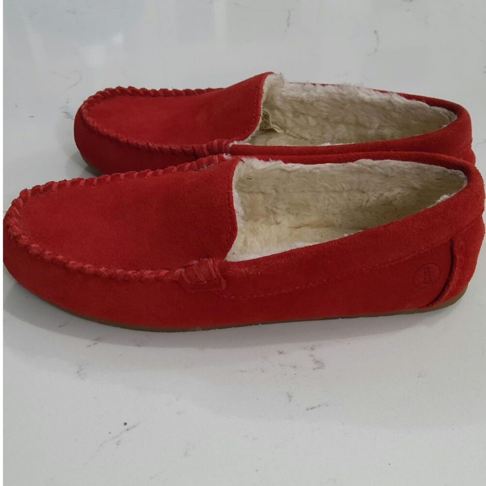 Lands End Red Suede leather womens moccasin slippers loafers fuzzy warm size 7